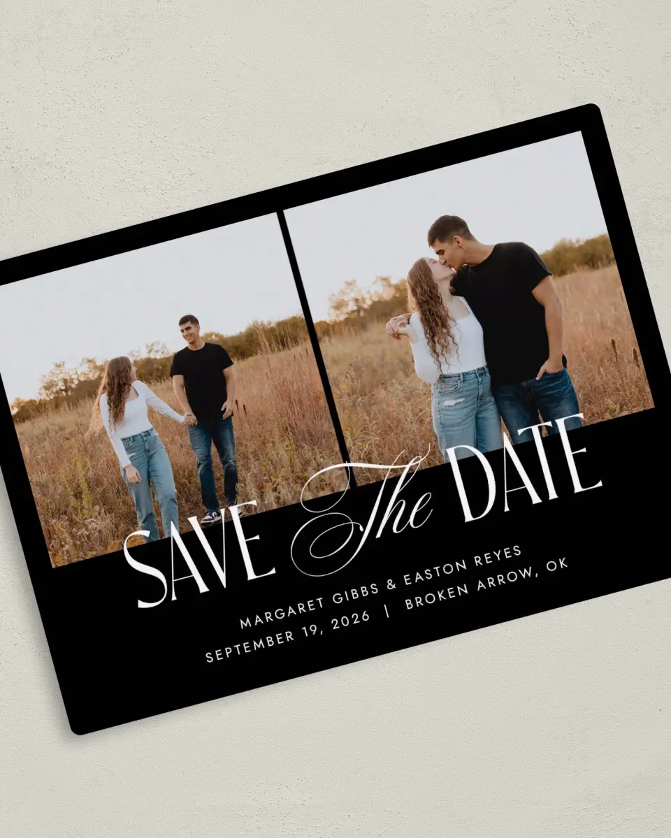 This is a 5" x 7" Save the Date Magnet called Cherished Day printed in full color with a Luxe Satin finish