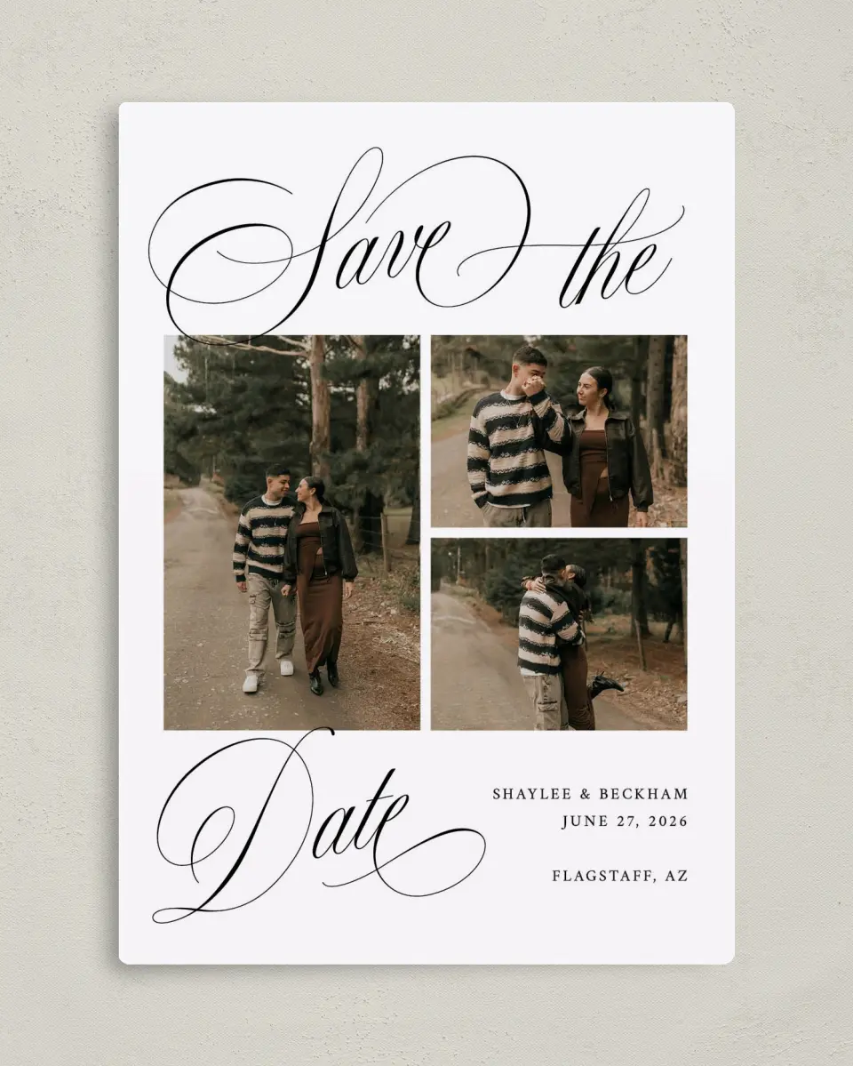 This is a 5" x 7" Save the Date Magnet called Scripted Elegance printed in full color with a Luxe Satin finish