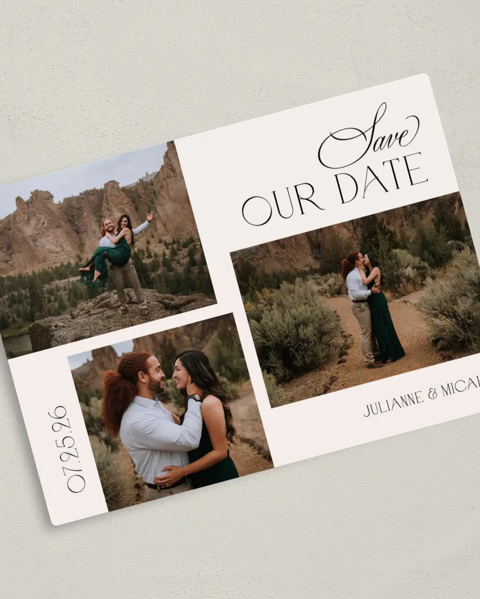 This is a 5" x 7" Save the Date Magnet called Our Love printed in full color with a Luxe Satin finish