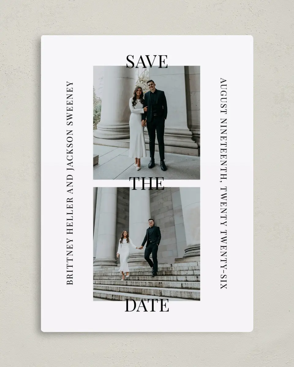 This is a 5" x 7" Save the Date Magnet called Bold Proclamation printed in full color with a Luxe Satin finish