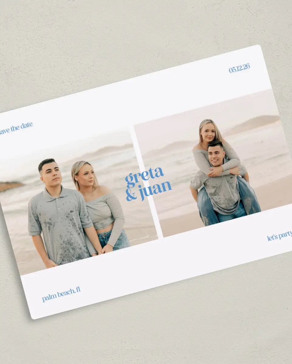 This is a 5" x 7" Save the Date Magnet called Retro Revelry printed in full color with a Luxe Satin finish