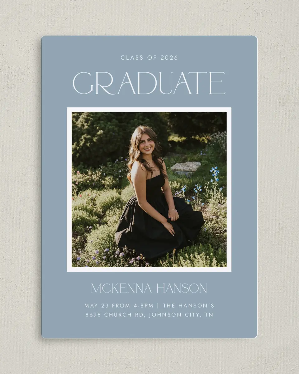 This is a 5" x 7" Graduation Announcement Magnet called Graceful Grad printed in full color with Gold foil and a Luxe Satin finish