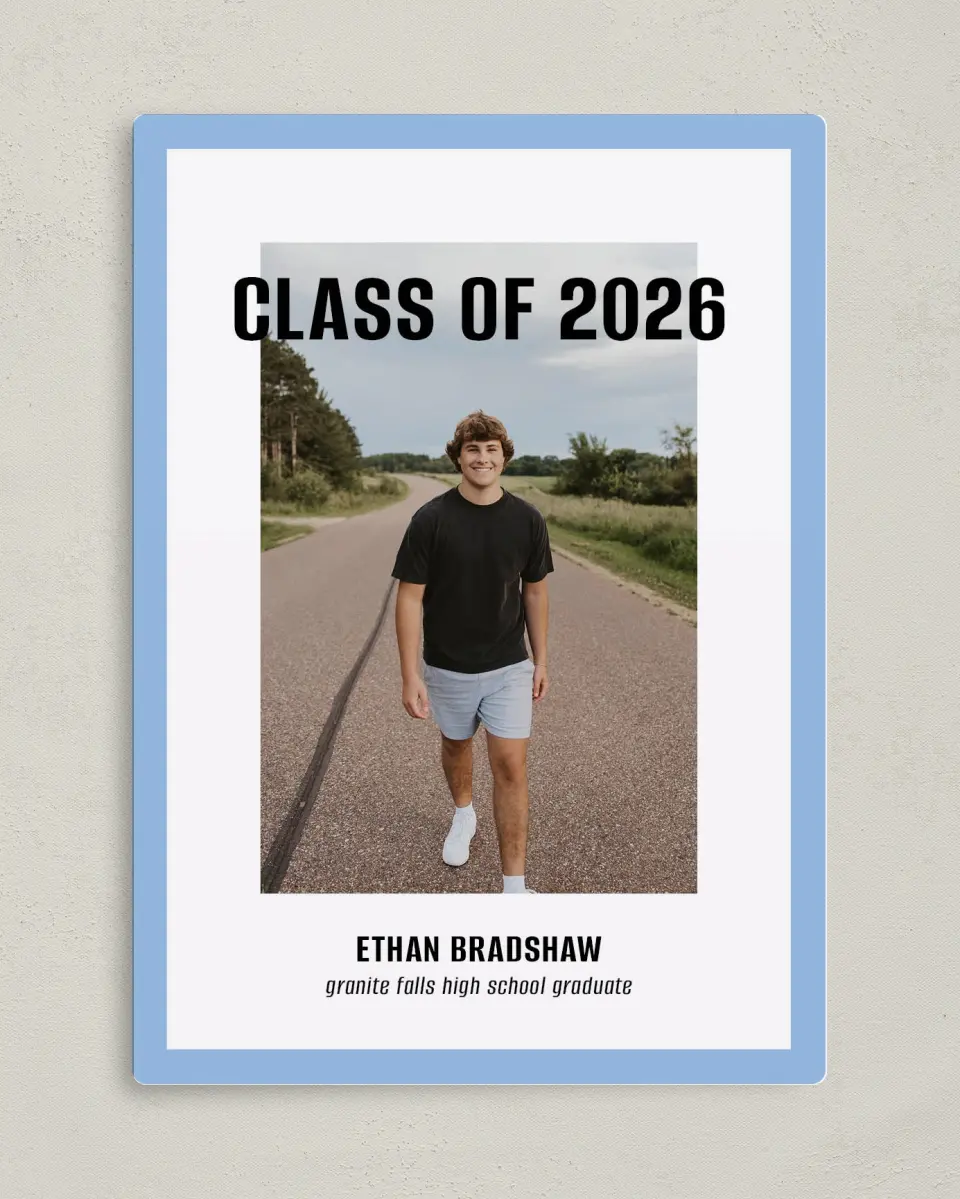 This is a 5" x 7" Graduation Announcement Magnet called Clean Cut printed in full color with Rose Gold foil and a Luxe Satin finish