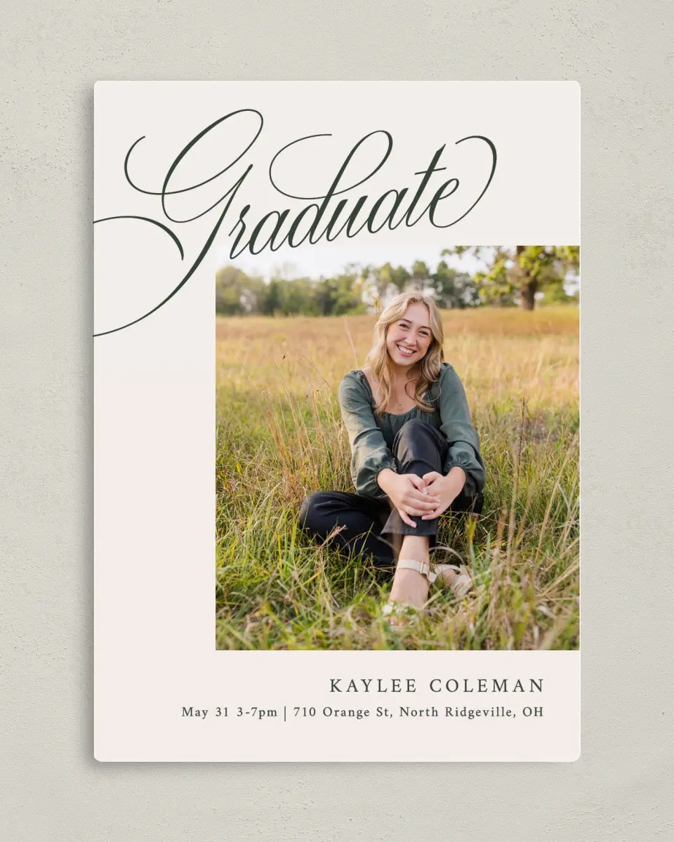 This is a 5" x 7" Graduation Announcement Magnet called Grand Flourish printed in full color with Rose Gold foil and a Luxe Satin finish