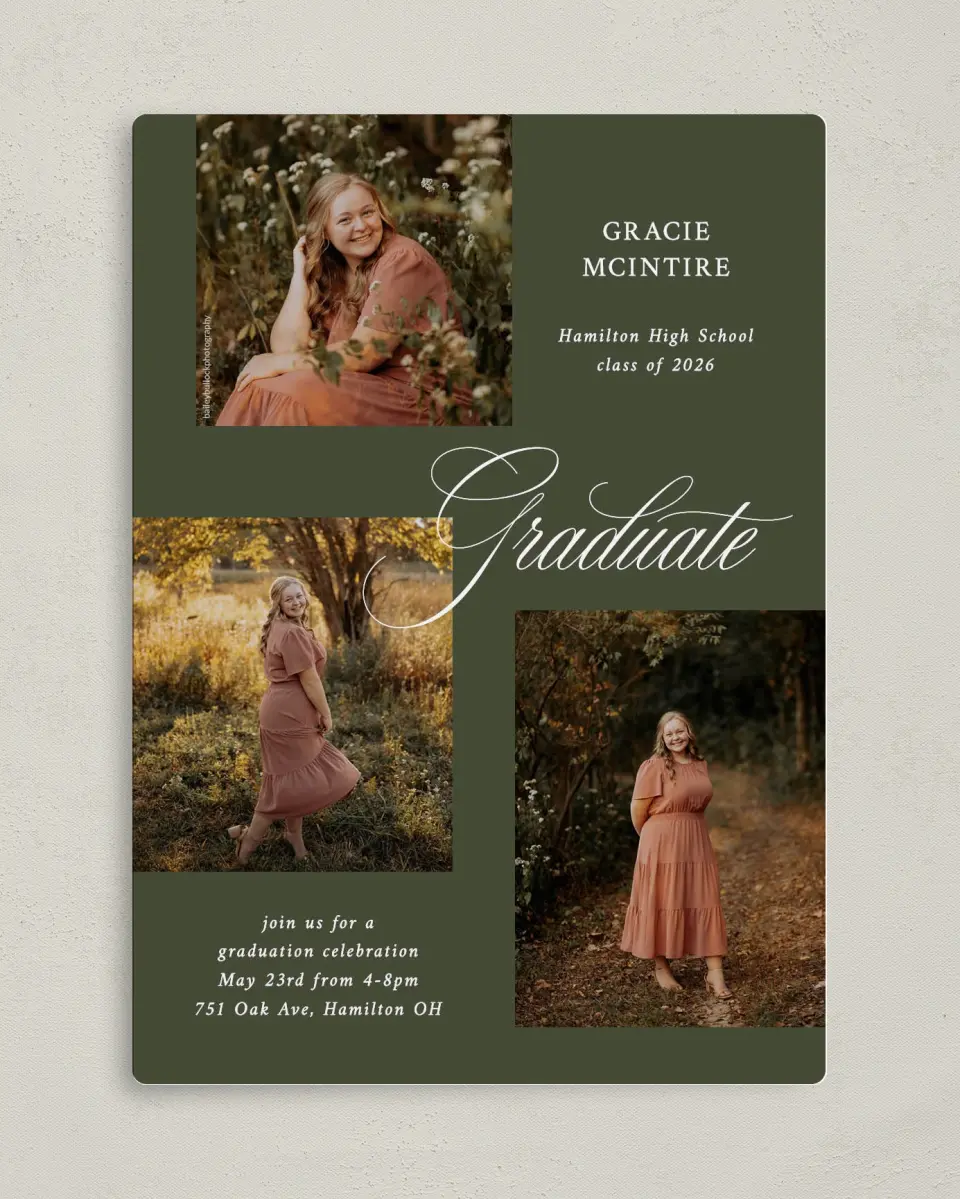 This is a 5" x 7" Graduation Announcement Magnet called Refined Celebration printed in full color with Rose Gold foil and a Luxe Satin finish