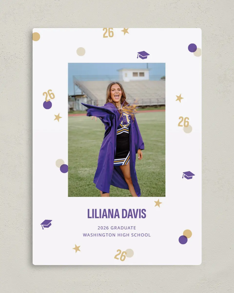 This is a 5" x 7" Graduation Announcement Magnet called Confetti Toss printed in full color with Gold foil and a Luxe Satin finish