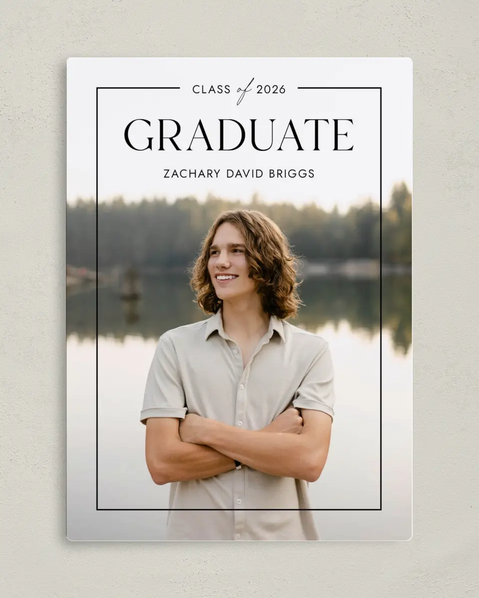 This is a 5" x 7" Graduation Announcement Magnet called Pure Frame printed in full color with Rose Gold foil and a Luxe Satin finish