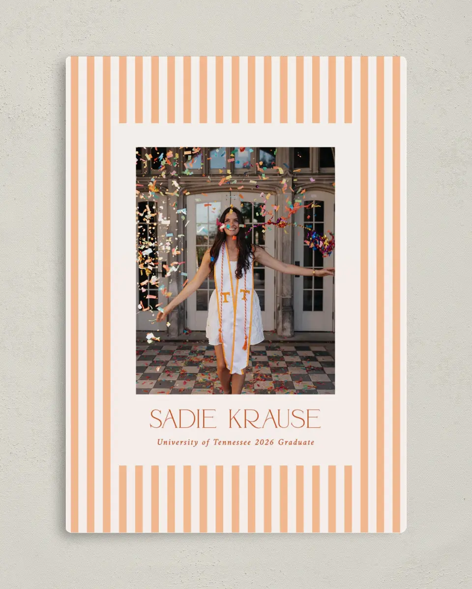 This is a 5" x 7" Graduation Announcement Magnet called Senior Stripes printed in full color with Gold foil and a Luxe Satin finish
