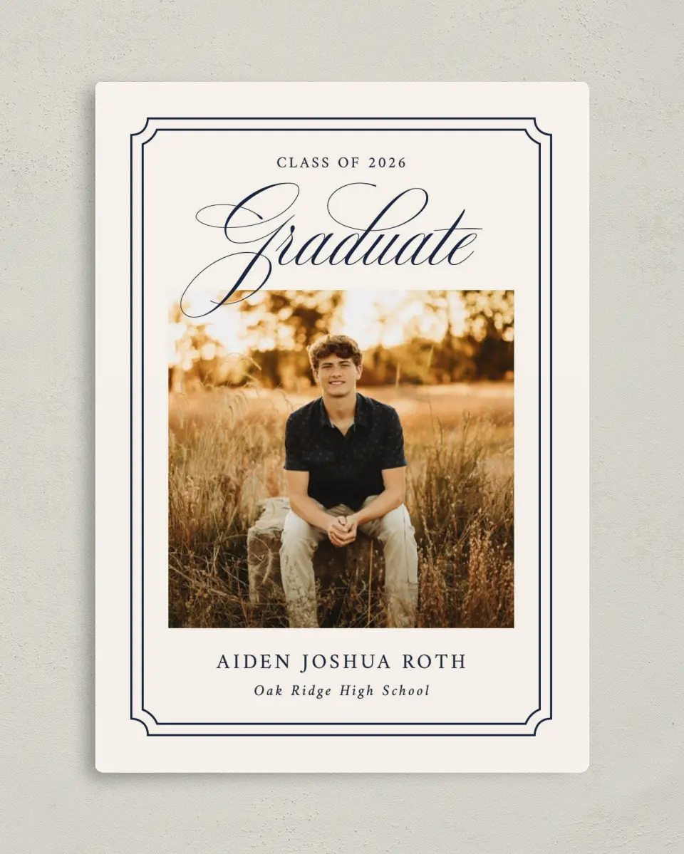 This is a 5" x 7" Graduation Announcement Magnet called Formal Frame printed in full color with Gold foil and a Luxe Satin finish