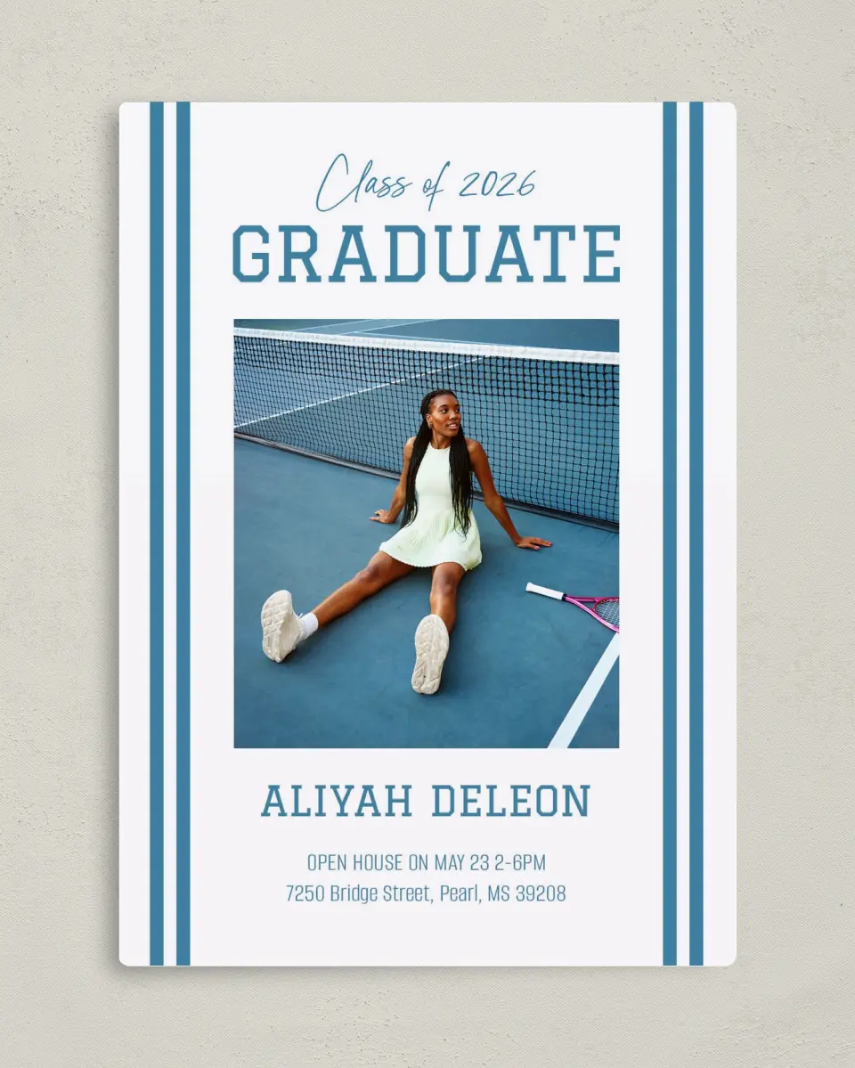 This is a 5" x 7" Graduation Announcement Magnet called Varsity Stripes printed in full color with Gold foil and a Luxe Satin finish