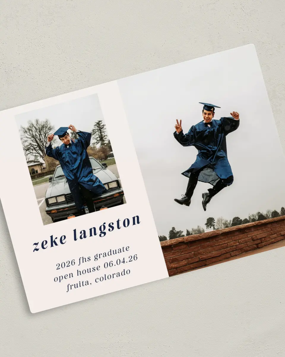 This is a 5" x 7" Graduation Announcement Magnet called Jumping Jubilee printed in full color with a Luxe Satin finish