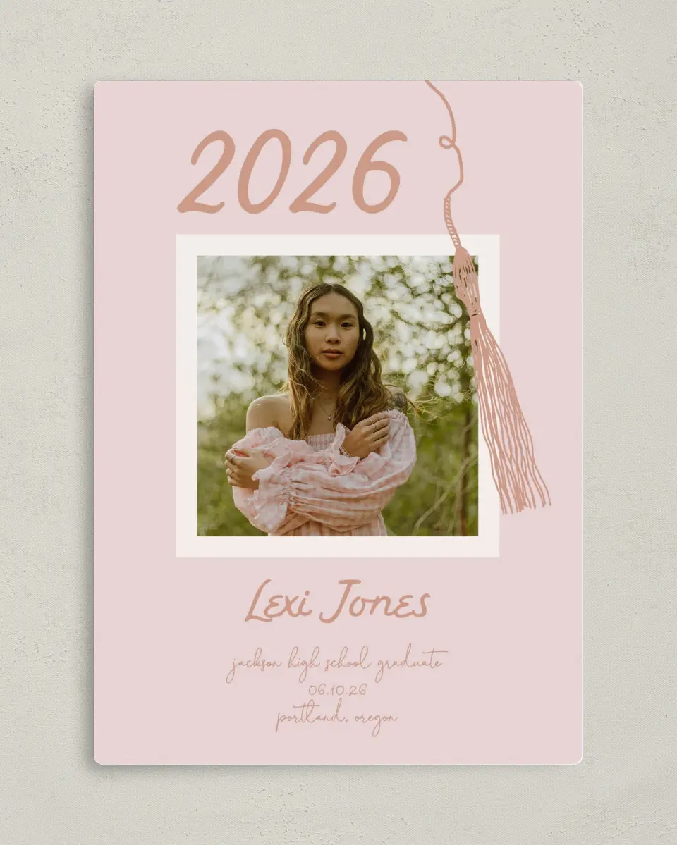 This is a 5" x 7" Graduation Announcement Magnet called Tassels on Tassels printed in full color with a Luxe Satin finish