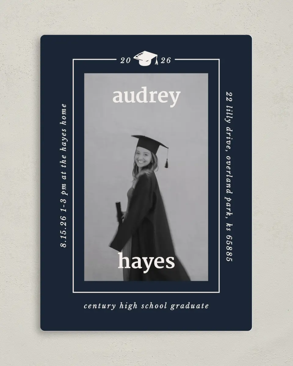 This is a 5" x 7" Graduation Announcement Magnet called Framed Triumph printed in full color with a Luxe Satin finish