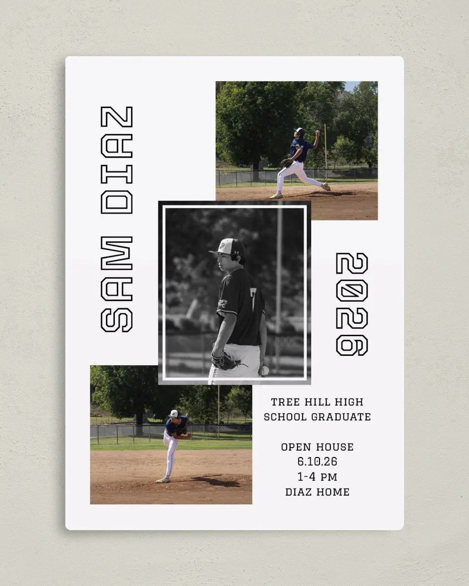 This is a 5" x 7" Graduation Announcement Magnet called Last Run printed in full color with Silver foil and a Luxe Satin finish