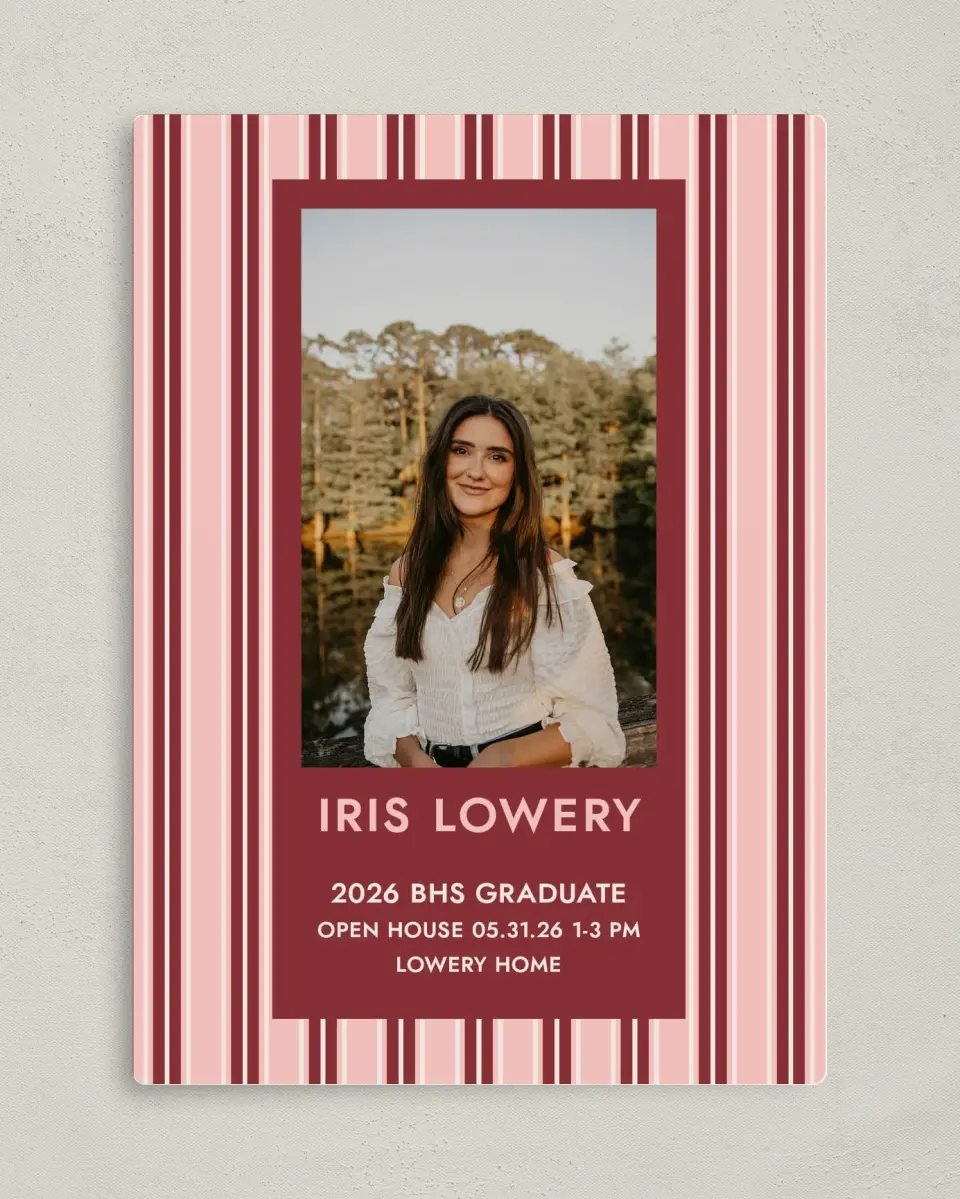 This is a 5" x 7" Graduation Announcement Magnet called Striped Admiration printed in full color with Gold foil and a Luxe Satin finish