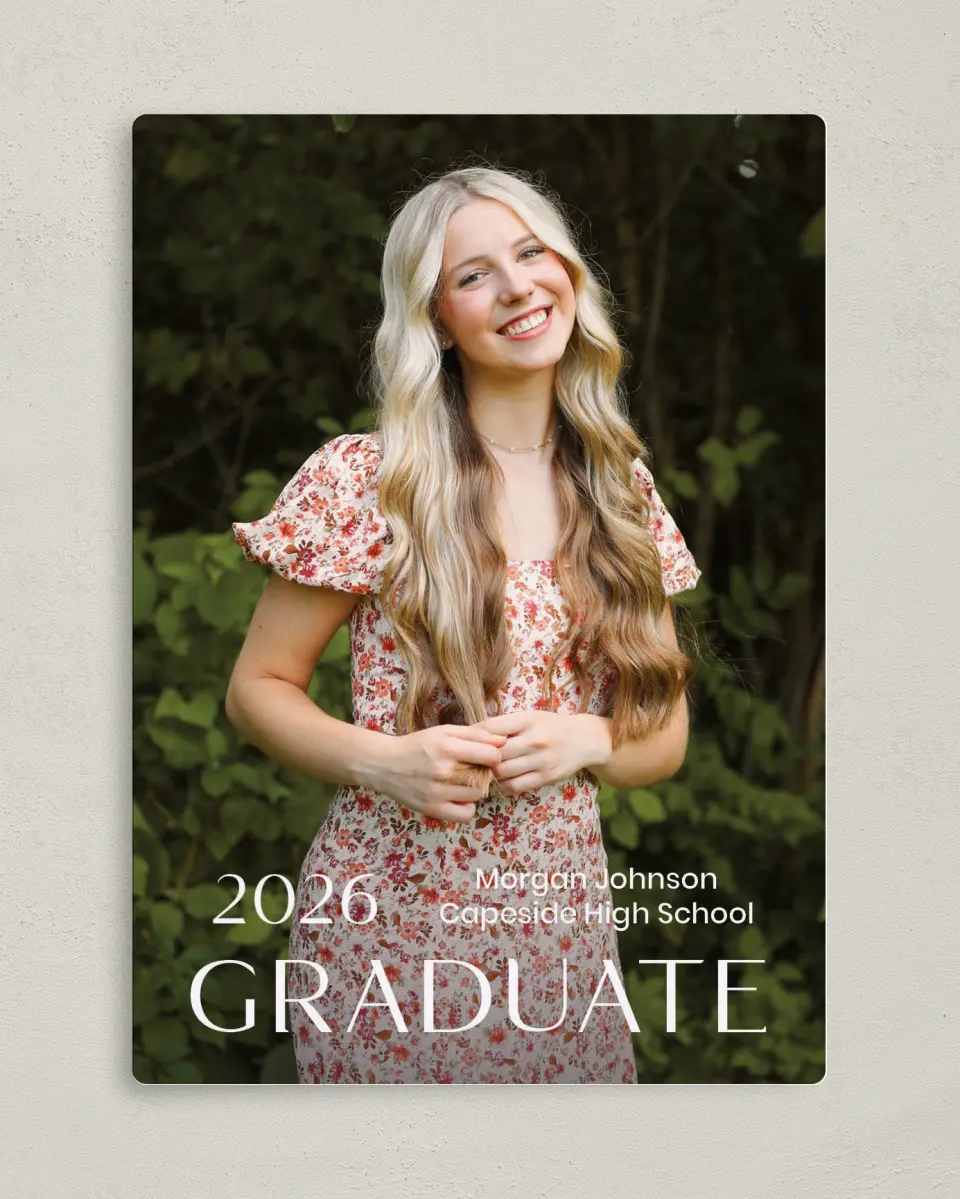 This is a 5" x 7" Graduation Announcement Magnet called Spotlight Grad printed in full color with Gold foil and a Luxe Satin finish