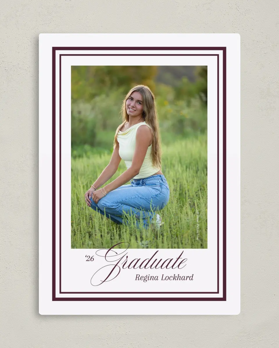 This is a 5" x 7" Graduation Announcement Magnet called Timeless Frame printed in full color with Rose Gold foil and a Luxe Satin finish