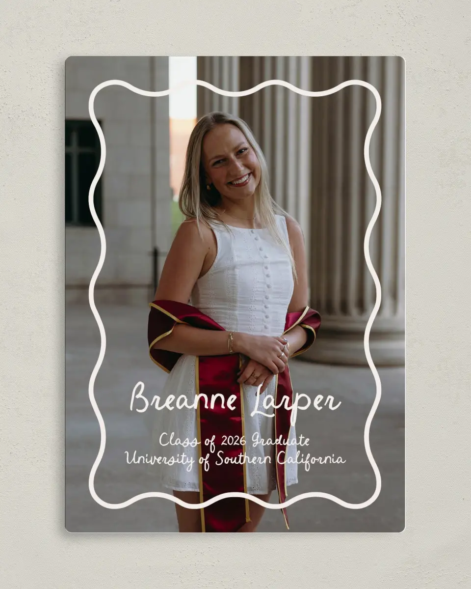 This is a 5" x 7" Graduation Announcement Magnet called Walking the Stage printed in full color with Rose Gold foil and a Luxe Satin finish