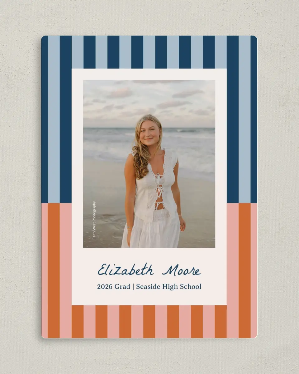 This is a 5" x 7" Graduation Announcement Magnet called Scholarly Stripes printed in full color with Gold foil and a Luxe Satin finish