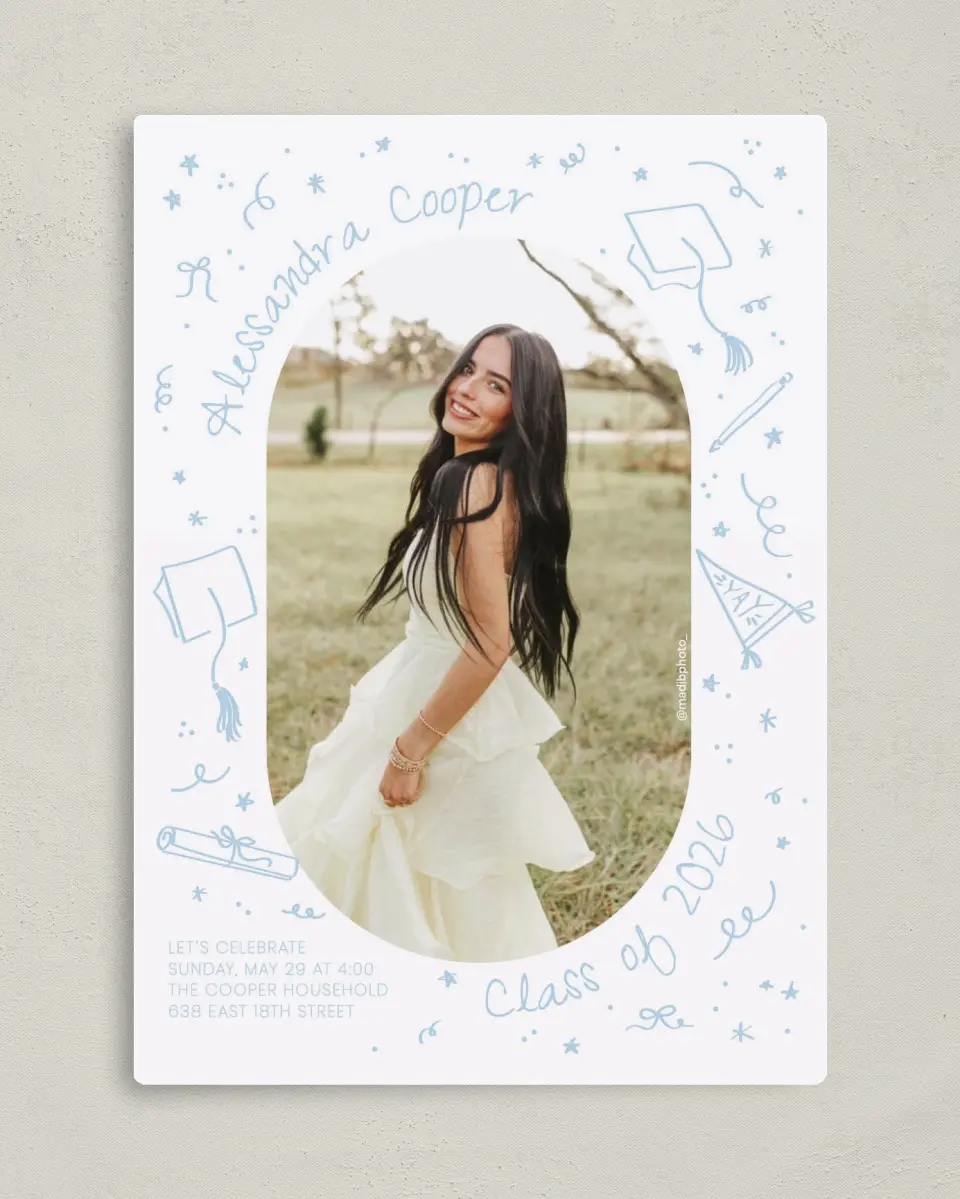 This is a 5" x 7" Graduation Announcement Magnet called Doodles in the Margin printed in full color with Silver foil and a Luxe Satin finish
