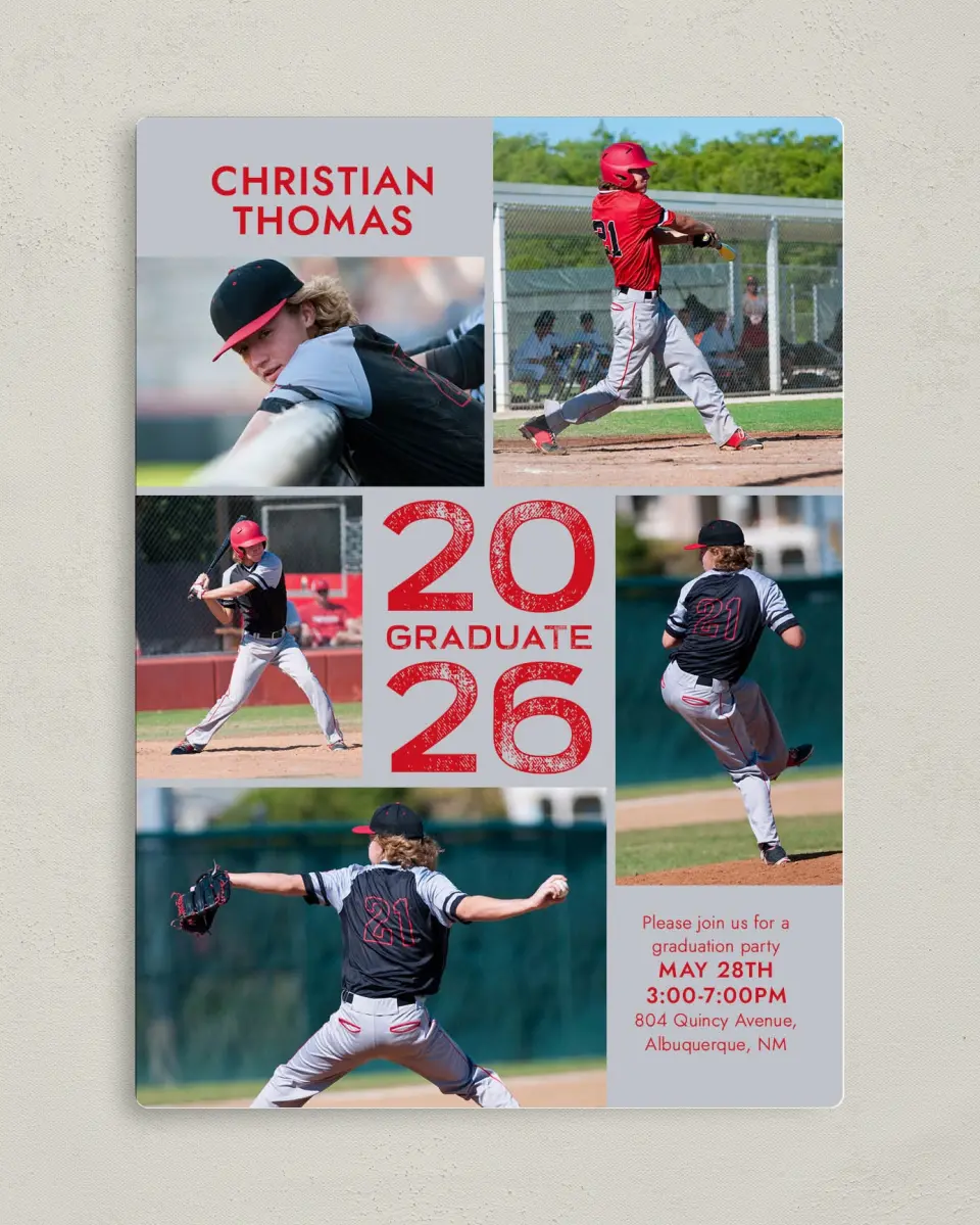 This is a 5" x 7" Graduation Announcement Magnet called Big Hitter printed in full color with a Luxe Satin finish