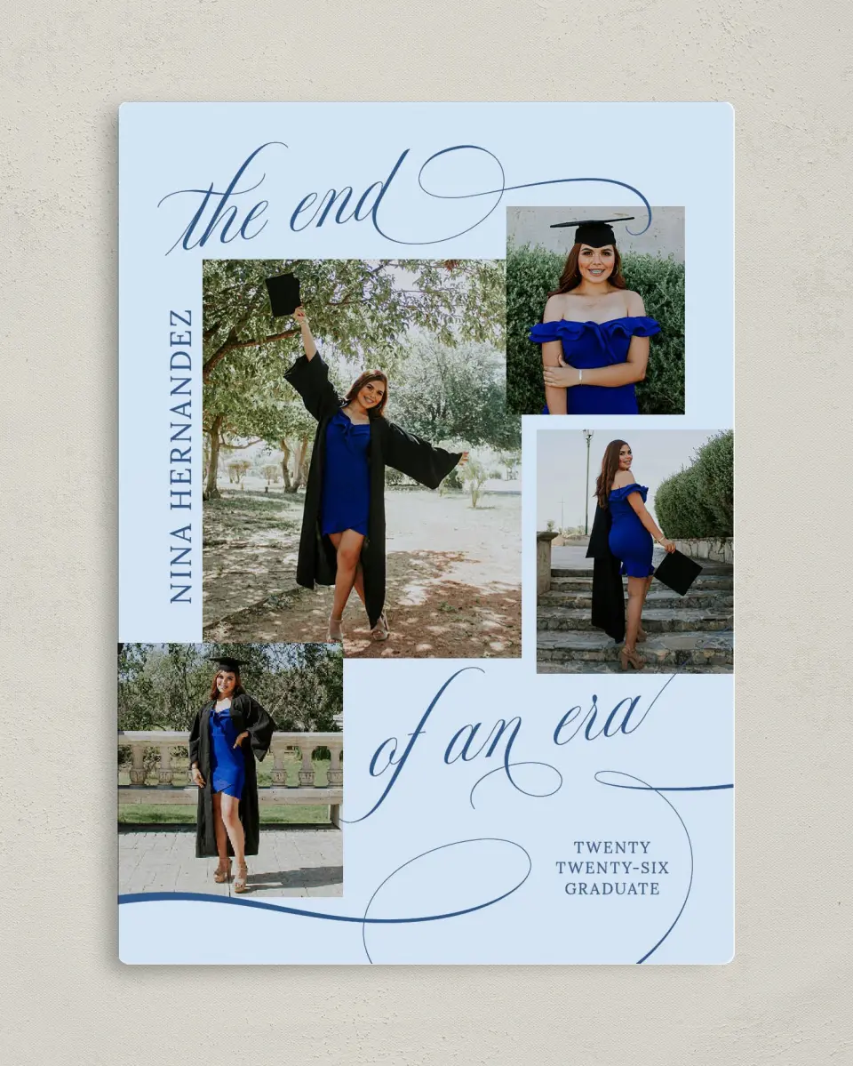 This is a 5" x 7" Graduation Announcement Magnet called The End of an Era printed in full color with Rose Gold foil and a Luxe Satin finish