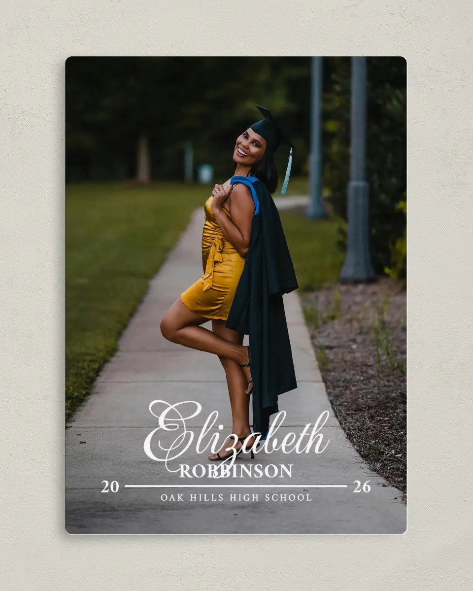 This is a 5" x 7" Graduation Announcement Magnet called The Right Path printed in full color with Silver foil and a Luxe Satin finish
