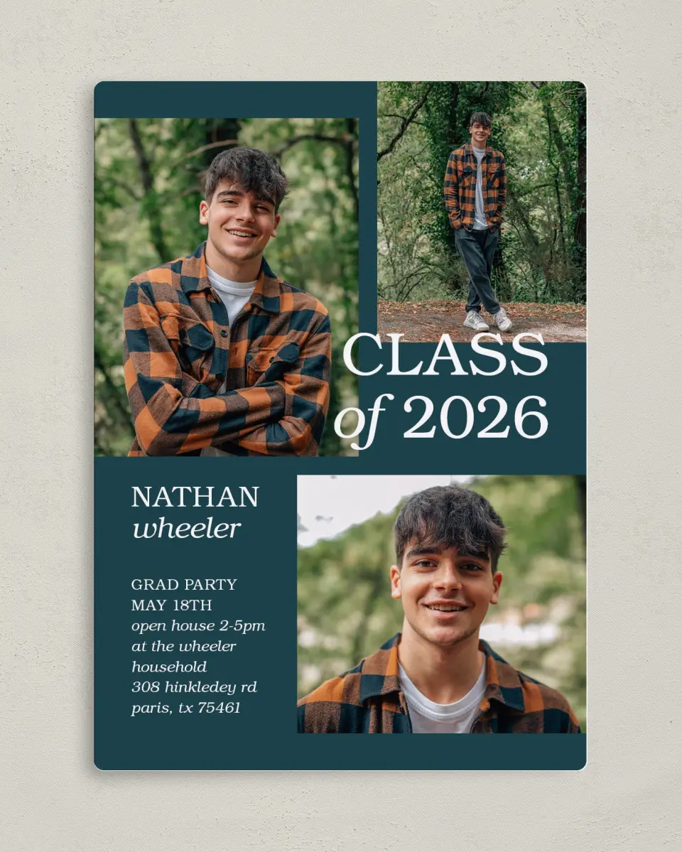 This is a 5" x 7" Graduation Announcement Magnet called Sky's the Limit printed in full color with Rose Gold foil and a Luxe Satin finish