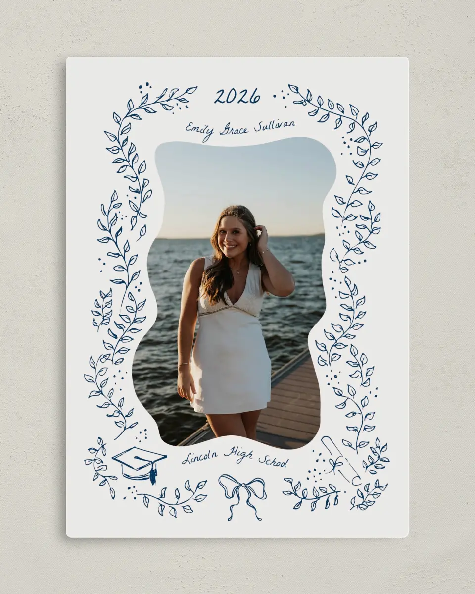 This is a 5" x 7" Graduation Announcement Magnet called Whimsical Grad printed in full color with Gold foil and a Luxe Satin finish