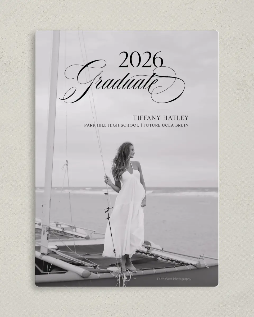 This is a 5" x 7" Graduation Announcement Magnet called Graduate Script printed in full color with Gold foil and a Luxe Satin finish