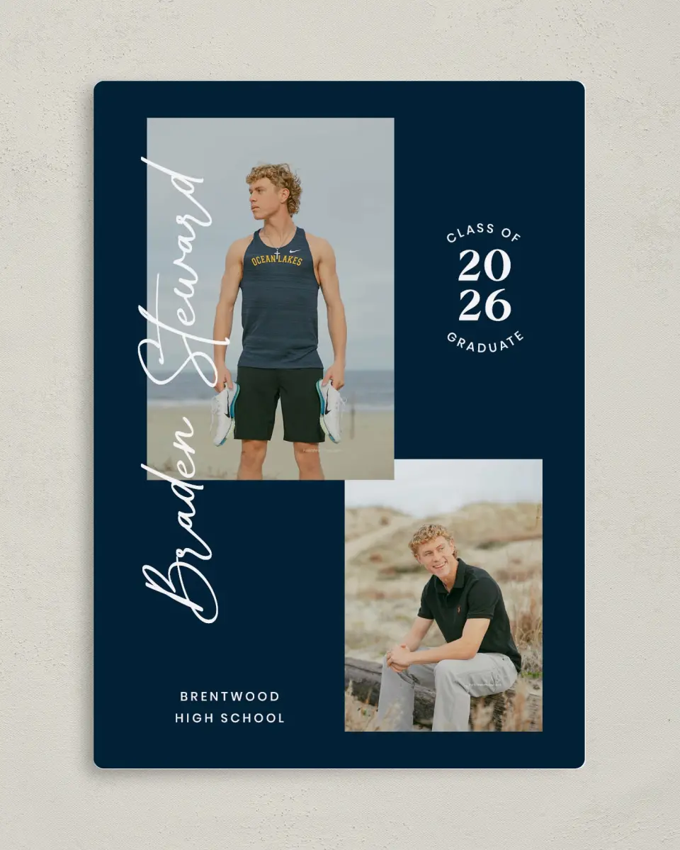 This is a 5" x 7" Graduation Announcement Magnet called Sporty Grad printed in full color with Gold foil and a Luxe Satin finish
