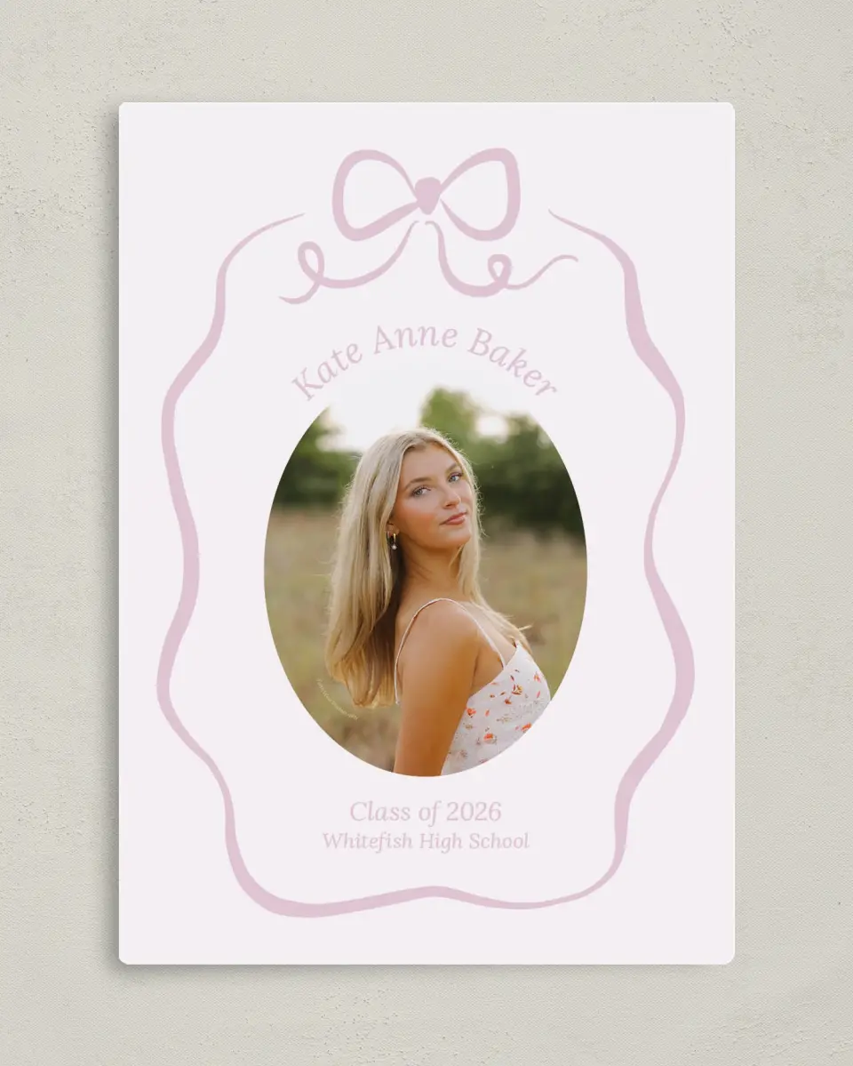 This is a 5" x 7" Graduation Announcement Magnet called Bow Grad printed in full color with Gold foil and a Luxe Satin finish