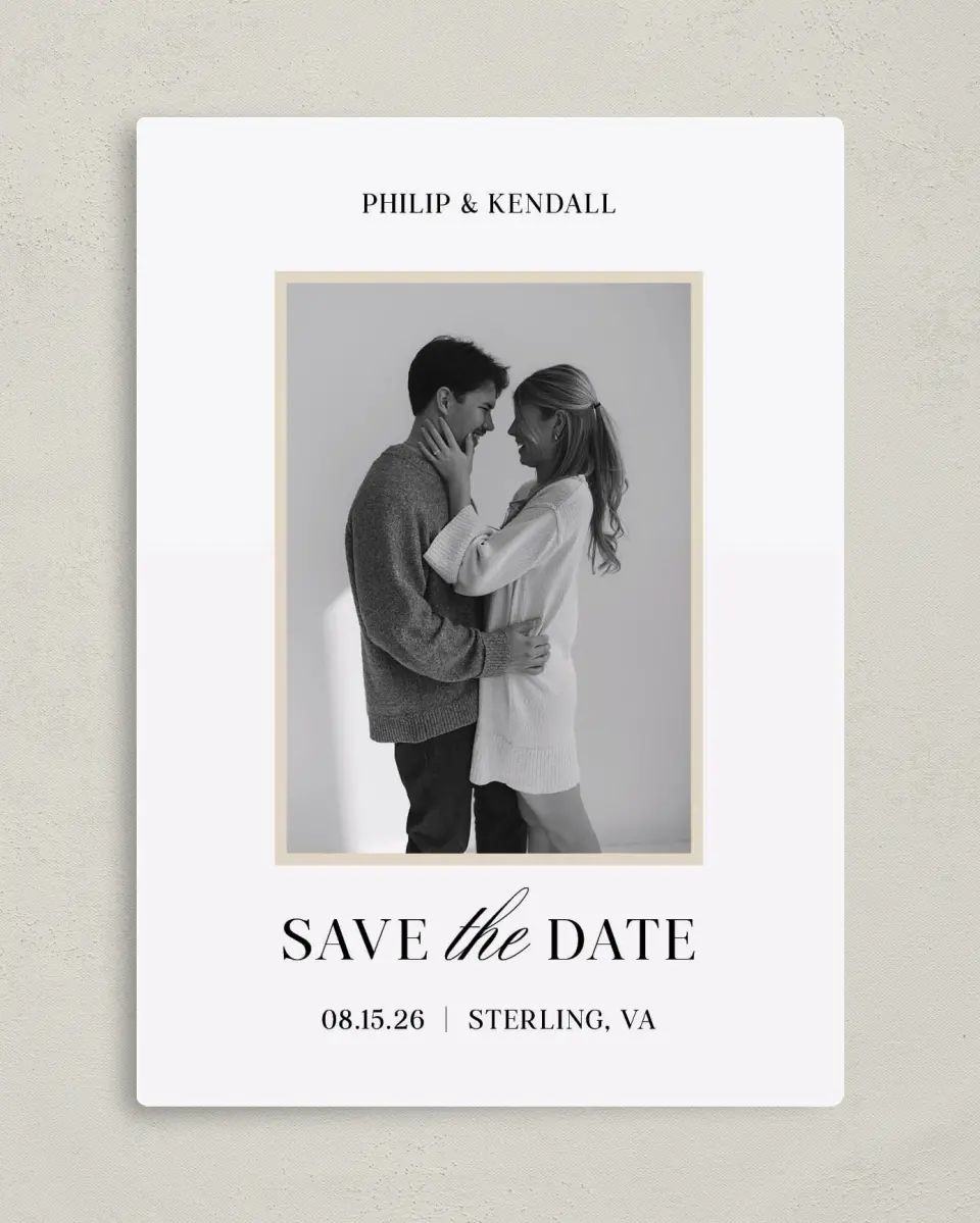 This is a 5" x 7" Save the Date Magnet called Forever Framed printed in full color with Gold foil and a Luxe Satin finish