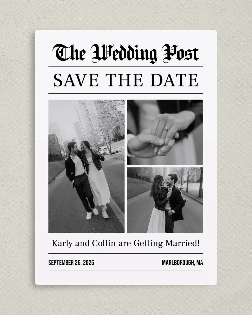 This is a 5" x 7" Save the Date Magnet called The Wedding Post printed in full color with Rose Gold foil and a Luxe Satin finish