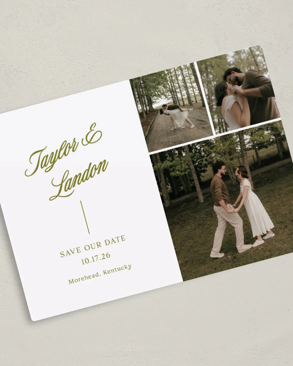 This is a 5" x 7" Save the Date Magnet called Always Yours printed in full color with Gold foil and a Luxe Satin finish