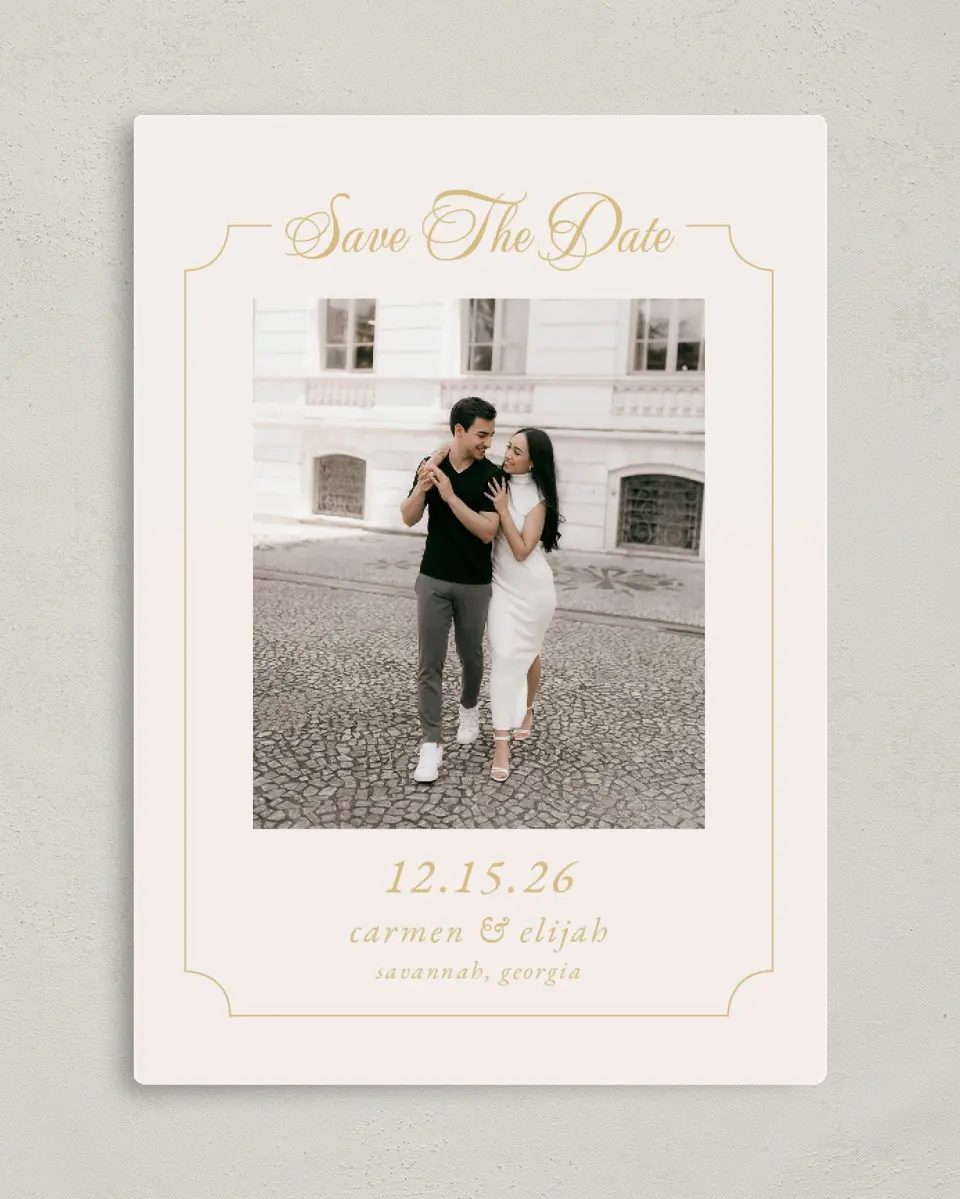 This is a 5" x 7" Save the Date Magnet called Lovely Frame printed in full color with Gold foil and a Luxe Satin finish