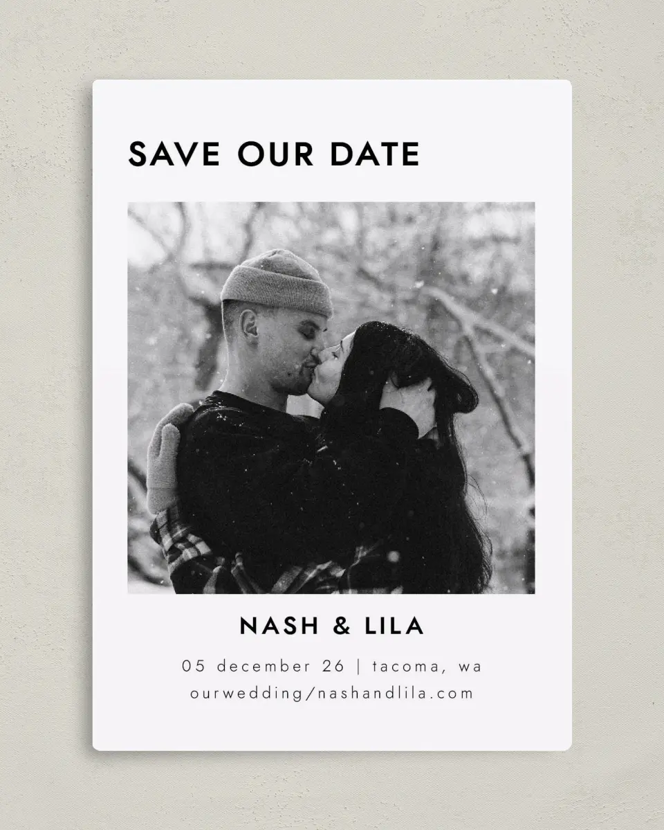 This is a 5" x 7" Save the Date Magnet called Snowy Kisses printed in full color with Gold foil and a Luxe Satin finish