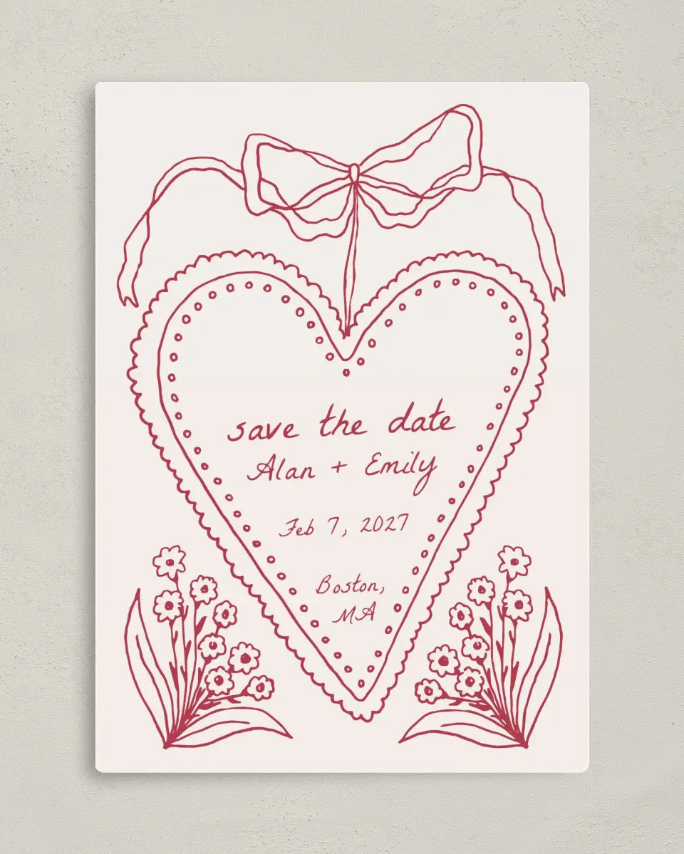 This is a 5" x 7" Save the Date Magnet called Heart On My Sleeve printed in full color with Gold foil and a Luxe Satin finish