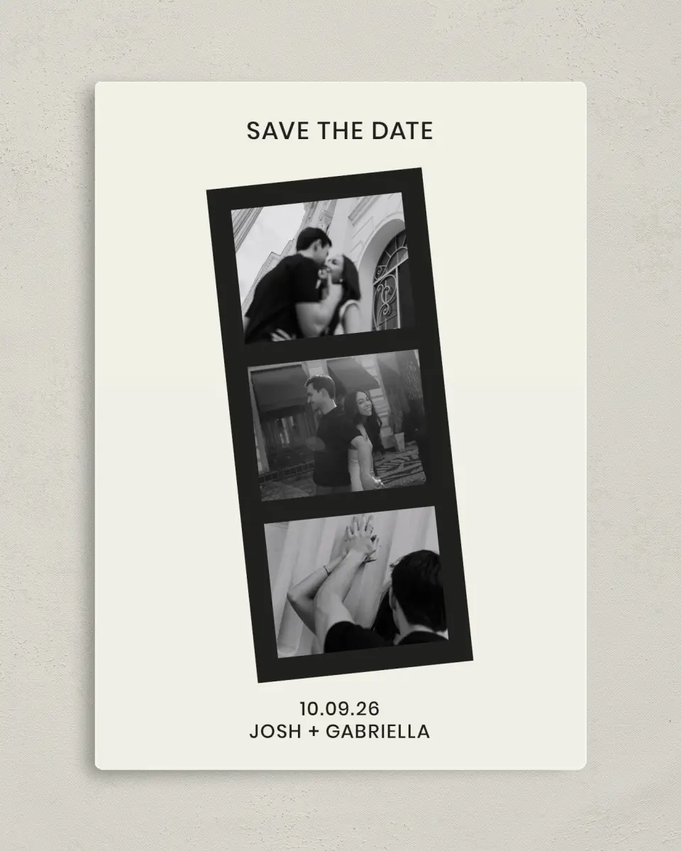 This is a 5" x 7" Save the Date Magnet called Love on Film printed in full color with Gold foil and a Luxe Satin finish