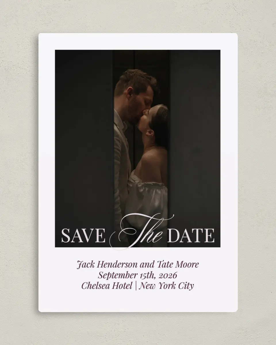 This is a 5" x 7" Save the Date Magnet called Elegance & Grace printed in full color with Gold foil and a Luxe Satin finish