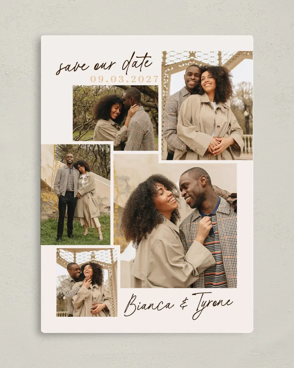 This is a 5" x 7" Save the Date Magnet called Lovely Bliss printed in full color with Gold foil and a Luxe Satin finish