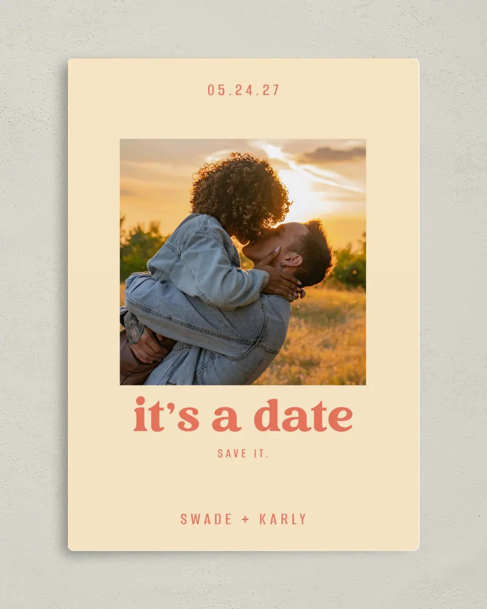 This is a 5" x 7" Save the Date Magnet called Save It printed in full color with Gold foil and a Luxe Satin finish