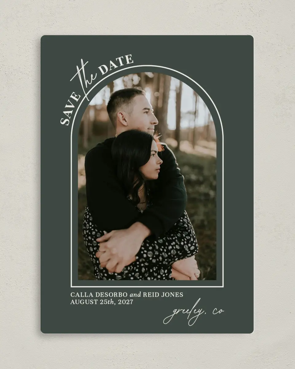 This is a 5" x 7" Save the Date Magnet called Encompassing Love printed in full color with Gold foil and a Luxe Satin finish