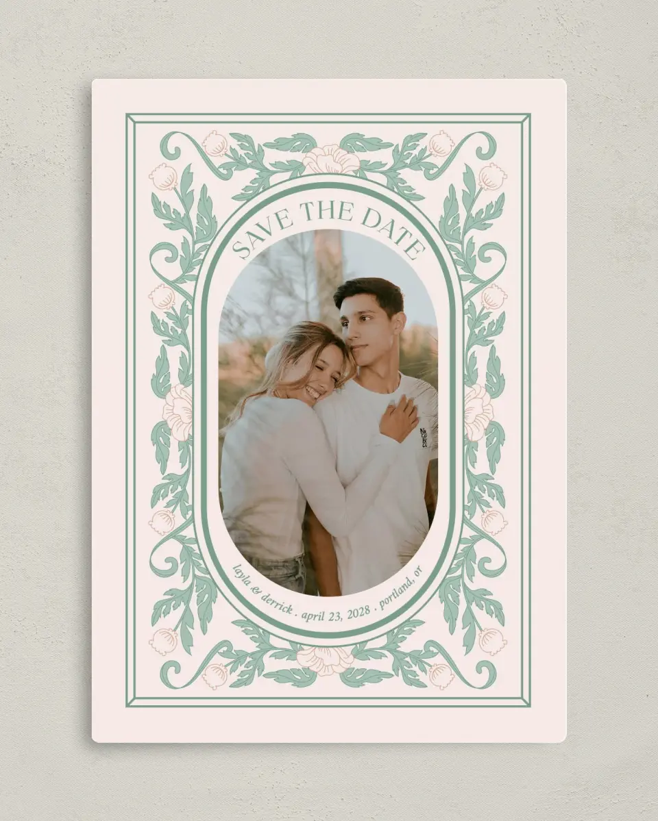 This is a 5" x 7" Save the Date Magnet called Vintage Dream printed in full color with Gold foil and a Luxe Satin finish