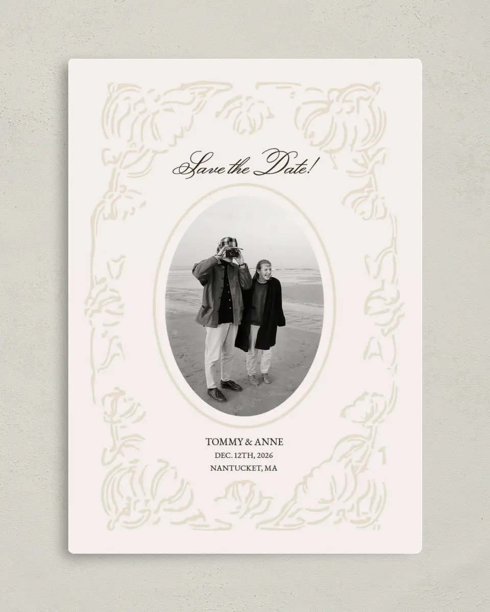 This is a 5" x 7" Save the Date Magnet called Vintage Paper printed in full color with Gold foil and a Luxe Satin finish