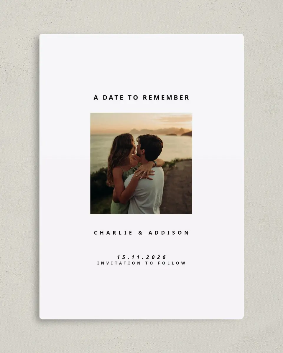 This is a 5" x 7" Save the Date Magnet called Date to Remember printed in full color with Gold foil and a Luxe Satin finish