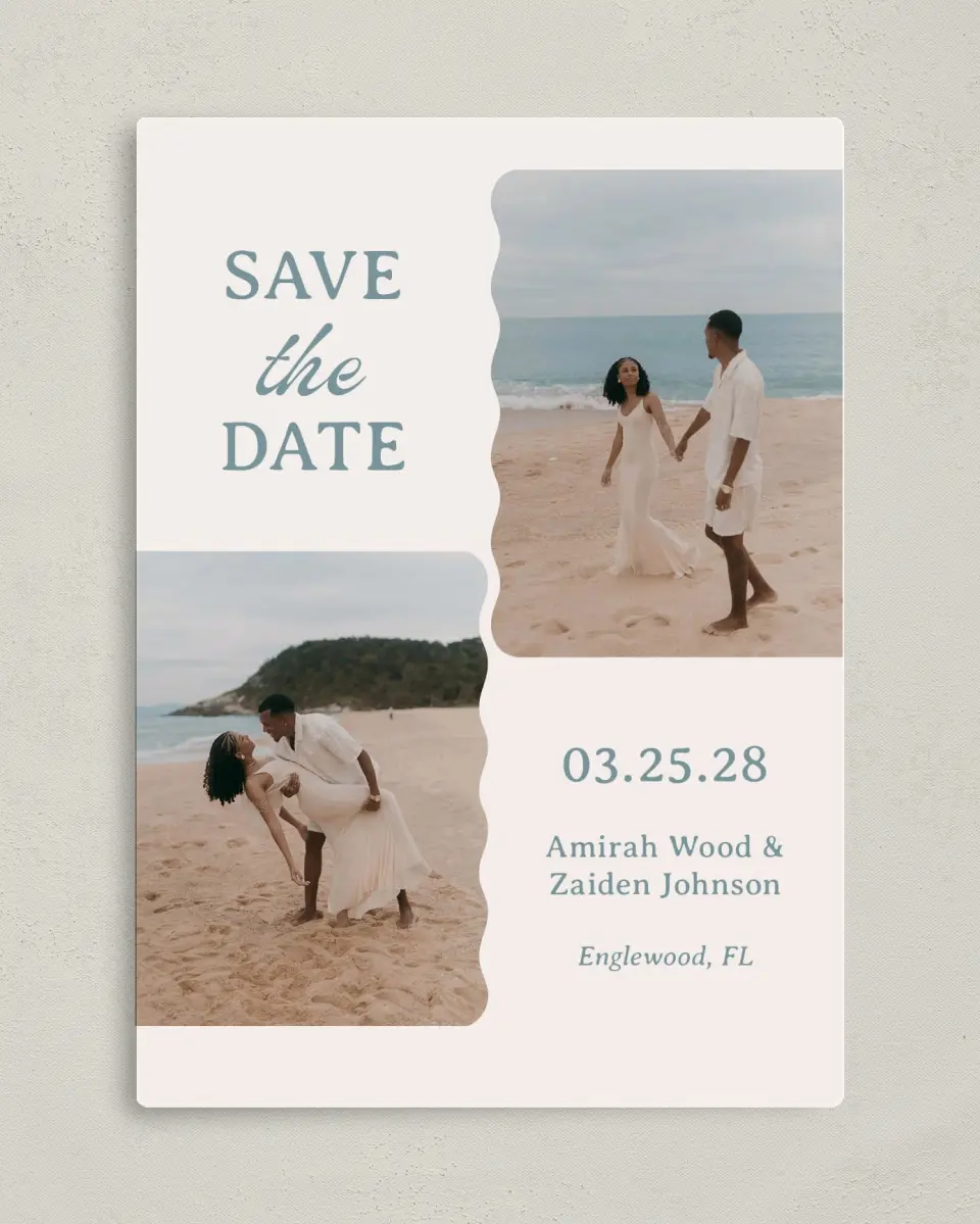 This is a 5" x 7" Save the Date Magnet called Modern Muse printed in full color with a Luxe Satin finish