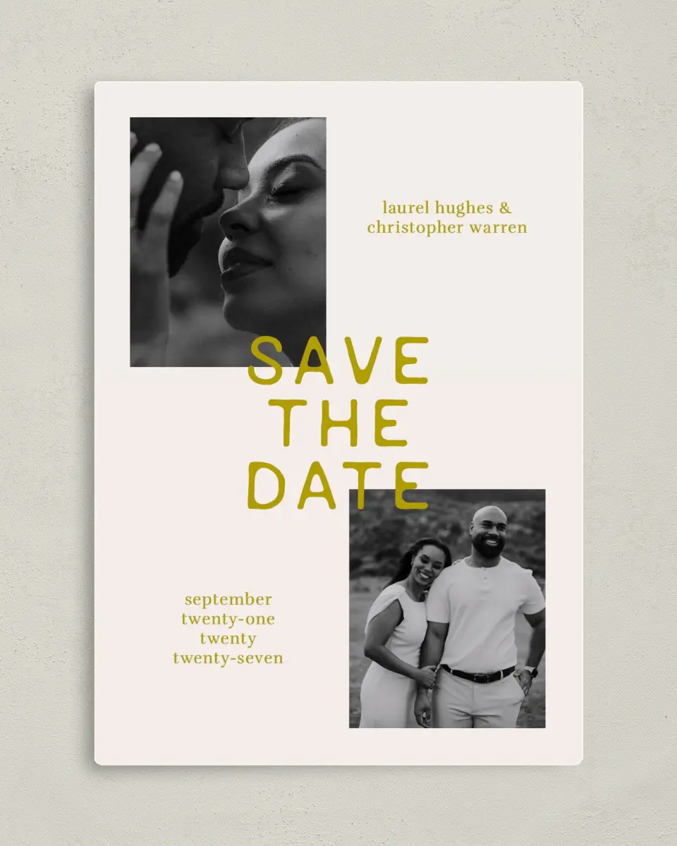This is a 5" x 7" Save the Date Magnet called Bright Love printed in full color with a Luxe Satin finish