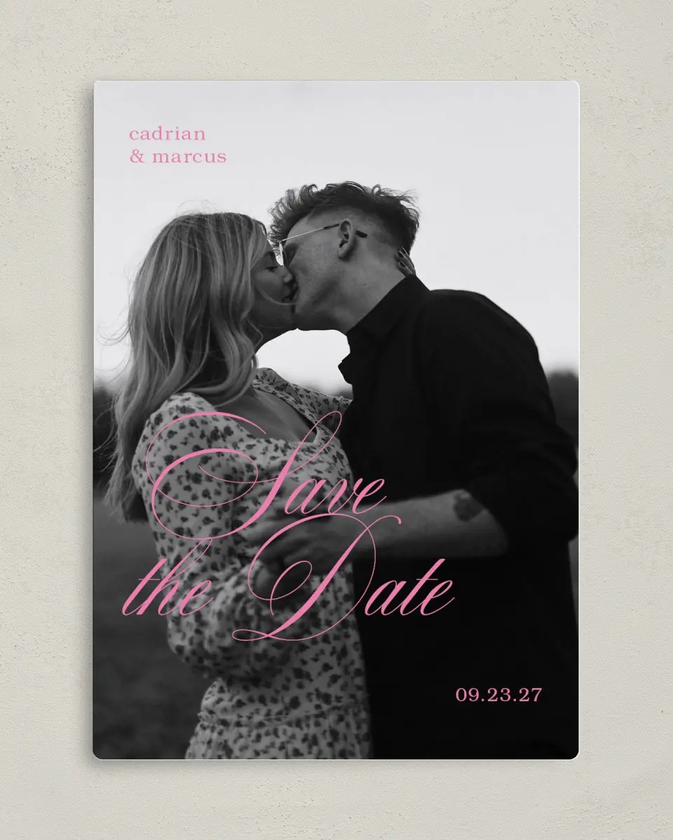 This is a 5" x 7" Save the Date Magnet called Sweet Embrace printed in full color with a Luxe Satin finish