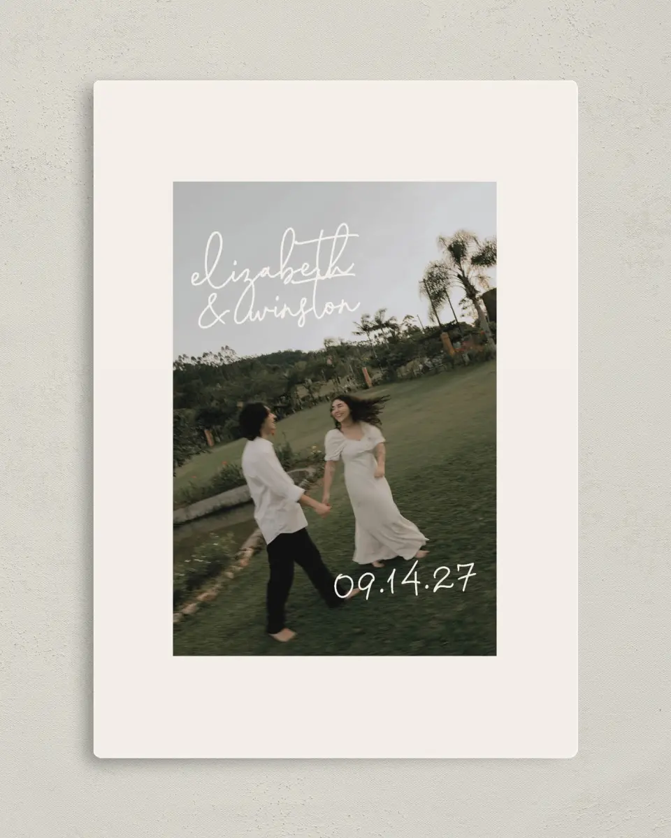 This is a 5" x 7" Save the Date Magnet called Chasing Love printed in full color with a Luxe Satin finish